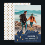Modern Gold Mountains Trip Photo Christmas Holiday Card<br><div class="desc">After being stuck at home for so long, were you able to get away for a fun vacation this year? If you ventured to the mountains, this Christmas photo card is perfect for you! Your friends and family would love a little peek into your getaway! The card features a modern...</div>