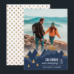 Modern Gold Mountains Trip Photo Christmas Holiday Card<br><div class="desc">After being stuck at home for so long, were you able to get away for a fun vacation this year? If you ventured to the mountains, this Christmas photo card is perfect for you! Your friends and family would love a little peek into your getaway! The card features a modern...</div>