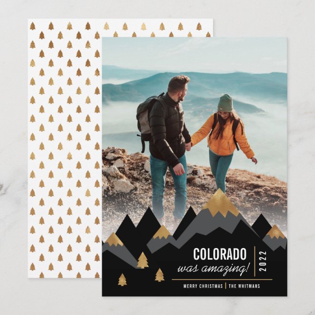 Modern Gold Mountains Trip Photo Christmas Holiday Card (Front/Back)