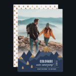 Modern Gold Mountains Trip Photo Christmas Holiday Card<br><div class="desc">After being stuck at home for so long, were you able to get away for a fun vacation this year? If you ventured to the mountains, this Christmas photo card is perfect for you! Your friends and family would love a little peek into your getaway! The card features a modern...</div>