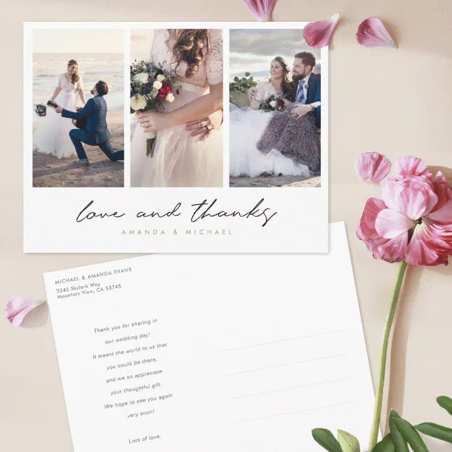 Modern Gold Multi Photo Collage Wedding Thank You Postcard | Zazzle