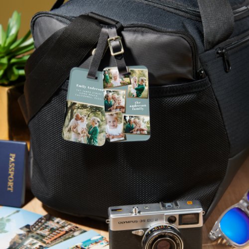 Modern gold multi photo family elegant blue chic luggage tag