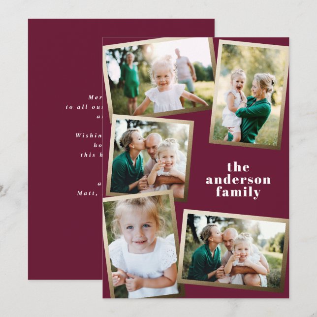Modern gold multi photo family holiday card (Front/Back)