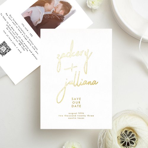 Modern GOLD NAMES  Photo Editable Save The Date Foil Invitation