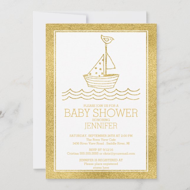Modern Gold Nautical Sailboat Neutral Baby Shower Invitation (Front)