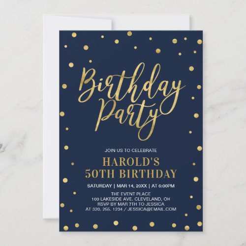 Modern Gold  Navy Adult 50th Birthday Party Invitation