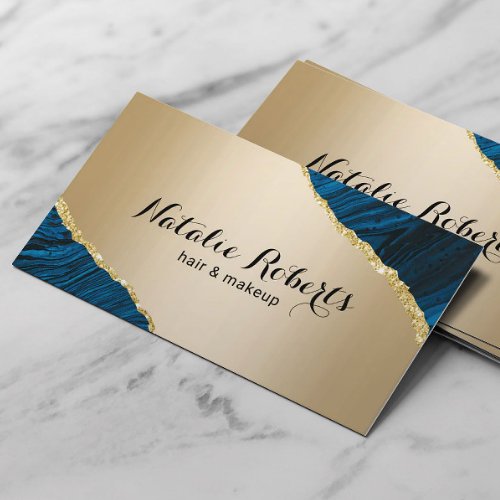 Modern Gold Navy Agate Makeup Artist Hair Salon  Business Card