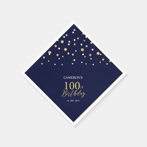 Modern Gold  Navy Blue 100th Birthday Party Napkins