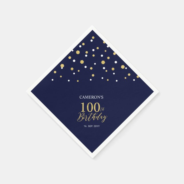 Modern Gold & Navy Blue 100th Birthday Party Napkins (Corner)