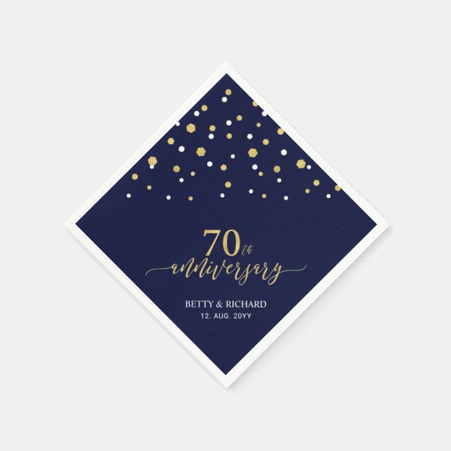 Modern Gold & Navy Blue 70th Anniversary Party Napkins (Corner)