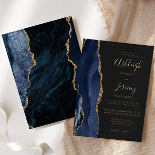Modern Gold Navy Blue Agate Dark Wedding Foil Invitation