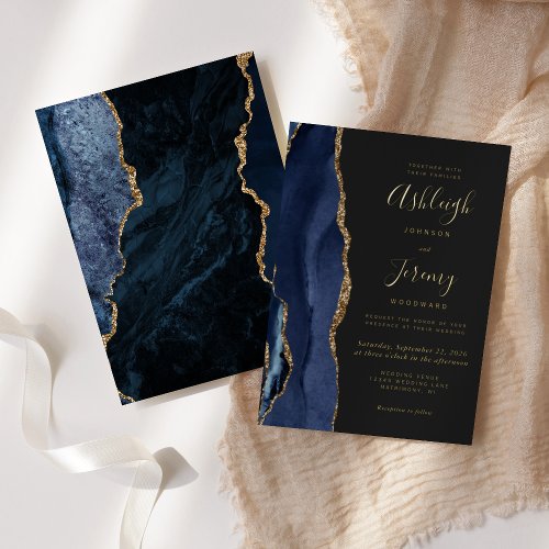 Modern Gold Navy Blue Agate Dark Wedding Foil Invitation