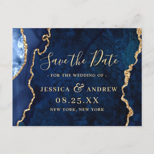 Modern Gold Navy Blue Agate Marble Save the Date Announcement Postcard