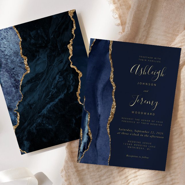 Modern Gold Navy Blue Agate Wedding Foil Invitation (Creator Uploaded)