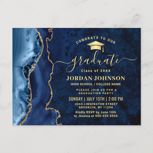 Modern Gold Navy Blue Graduation Party Invitation Postcard (Front)