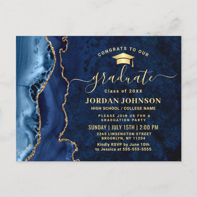 Modern Gold Navy Blue Graduation Party Invitation Postcard (Front)