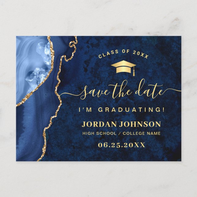 Modern Gold Navy Blue Graduation Save the Date Postcard (Front)