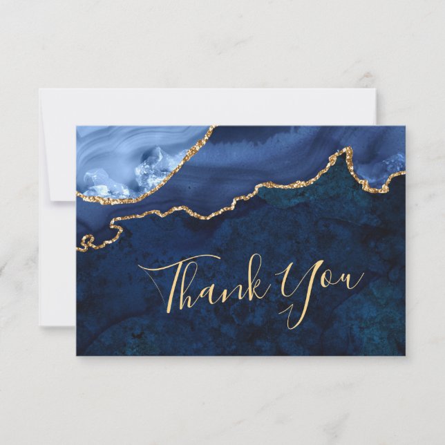Modern Gold Navy Blue Marble Agate Thank You Card (Front)