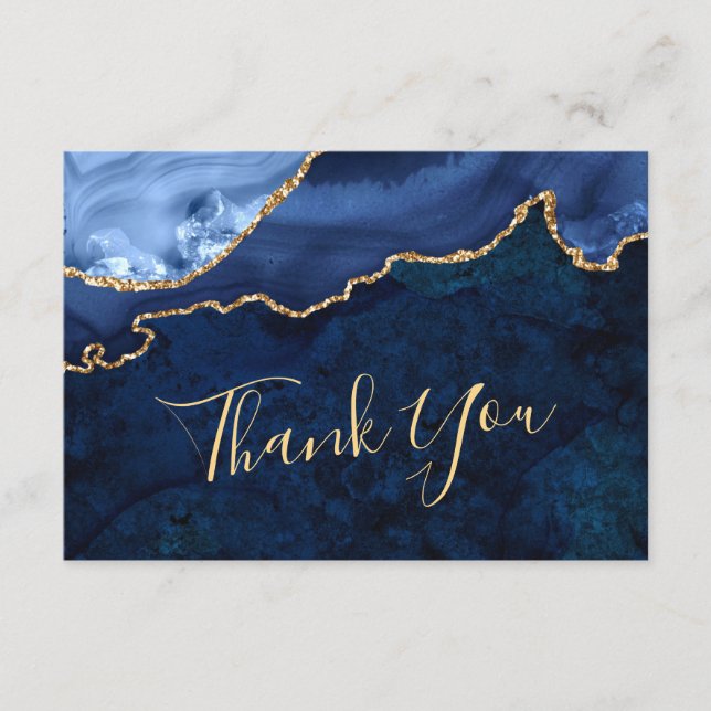 Modern Gold Navy Blue Marble Agate Thank You Card (Front)