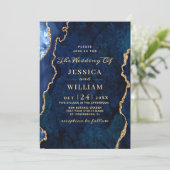 Modern Gold Navy Blue Marble Agate Wedding Invitation (Standing Front)