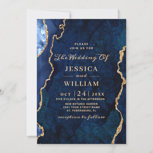 Modern Gold Navy Blue Marble Agate Wedding Invitation (Front)