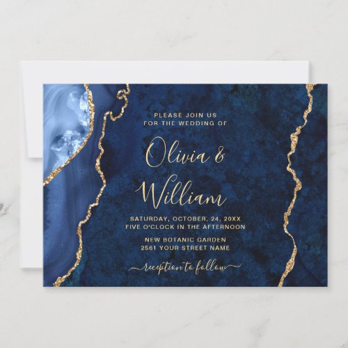 Modern Gold Navy Blue Marble Agate Wedding Invitation