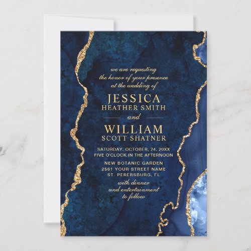 Modern Gold Navy Blue Marble Agate Wedding Invitation