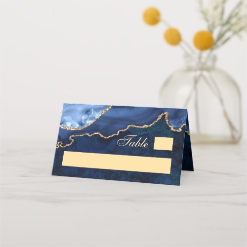 Modern Gold Navy Blue Marble Agate Wedding Table Place Card