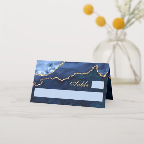 Modern Gold Navy Blue Marble Agate Wedding Table Place Card