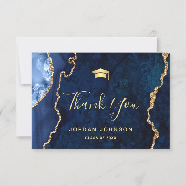 Modern Gold Navy Blue Marble Graduation Thank You Card (Front)