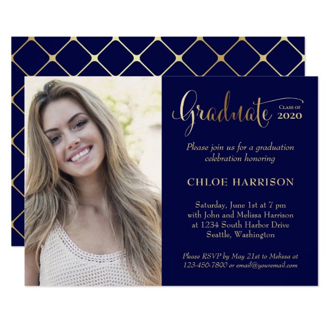 Modern Gold Navy Blue Photo 2020 Graduation Party Invitation