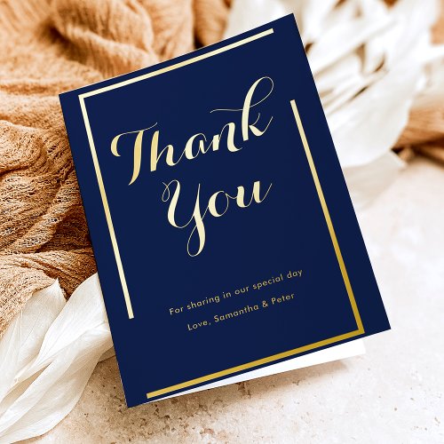 Modern gold navy blue script photo wedding thank foil greeting card