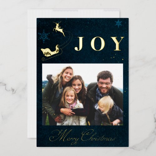 Modern Gold Navy Blue Sky Photo Family Christmas Foil Holiday Card