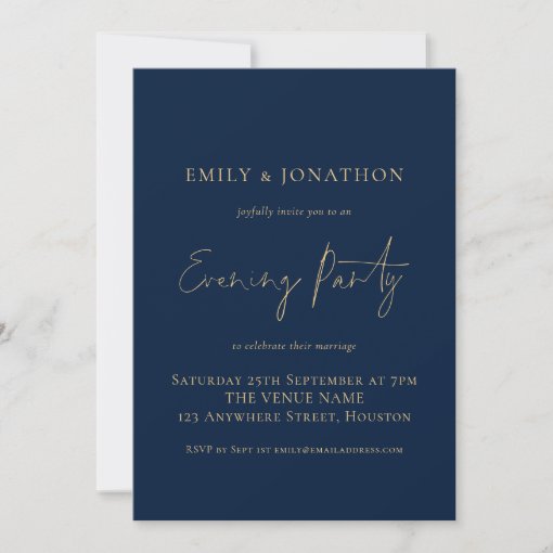 Modern Gold Navy Blue Wedding Evening Party Invitation | Zazzle