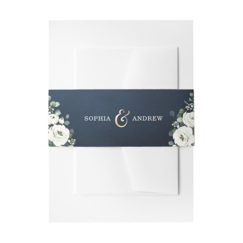 Modern gold  navy blue white floral wedding invitation belly band
