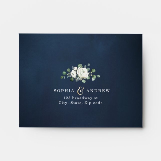 Modern gold & navy blue white floral wedding RSVP Envelope (Front)