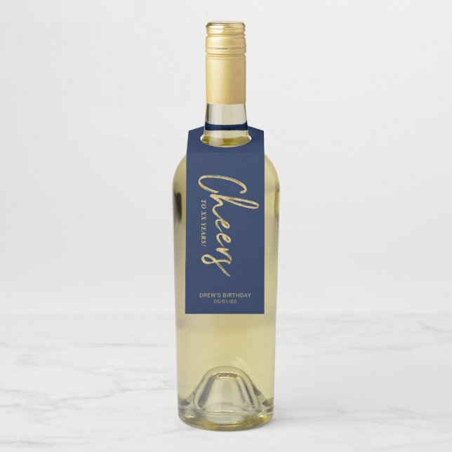 Modern Gold & Navy Brush Lettering Cheers Party Bottle Hanger Tag (On Bottle)