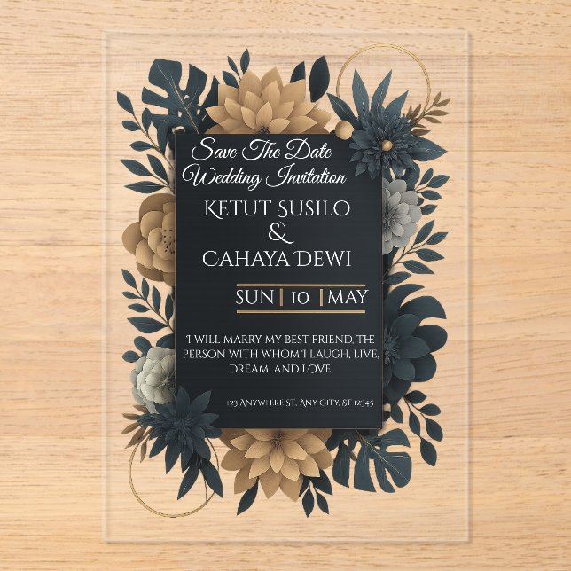  Modern Gold & Navy Floral Wedding Invitation  (Front)