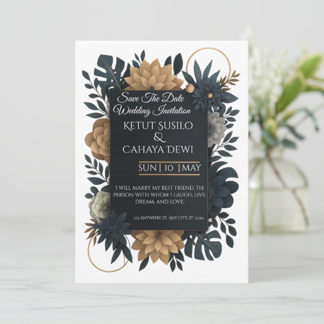  Modern Gold & Navy Floral Wedding Invitation  (Standing Front)