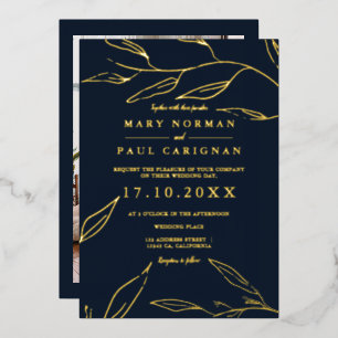 Modern gold navy leaf foliage simple chic wedding foil invitation