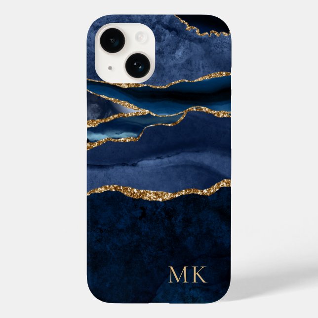 Modern Gold & Navy Marble Agate Monogram Case-Mate Case-Mate iPhone Case (Back)