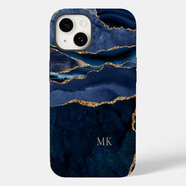 Modern Gold & Navy Marble Agate Monogram Case-Mate iPhone Case (Back)