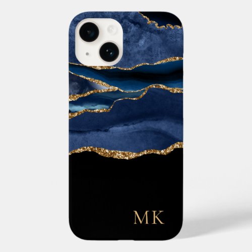 Modern Gold  Navy Marble Agate Monogram Case_Mate iPhone 14 Case