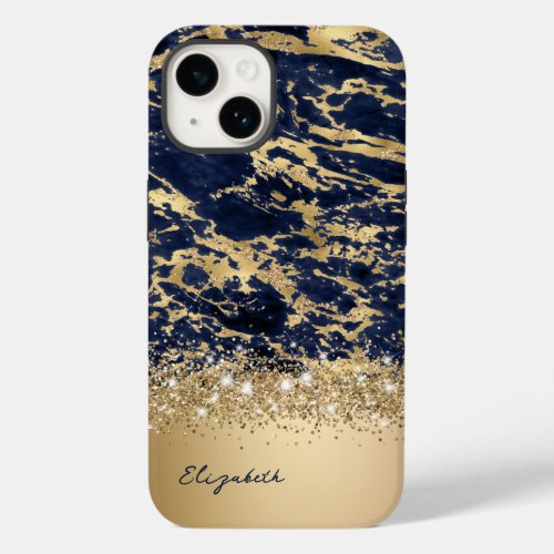 Modern Gold Navy Marble Faux Glitter Monogram Case_Mate iPhone 14 Case