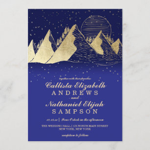Modern Gold Navy Mountains Snow Winter Wedding Invitation