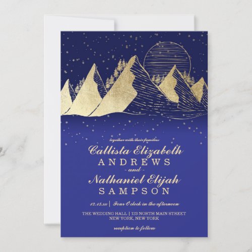Modern Gold Navy Mountains Snow Winter Wedding Invitation
