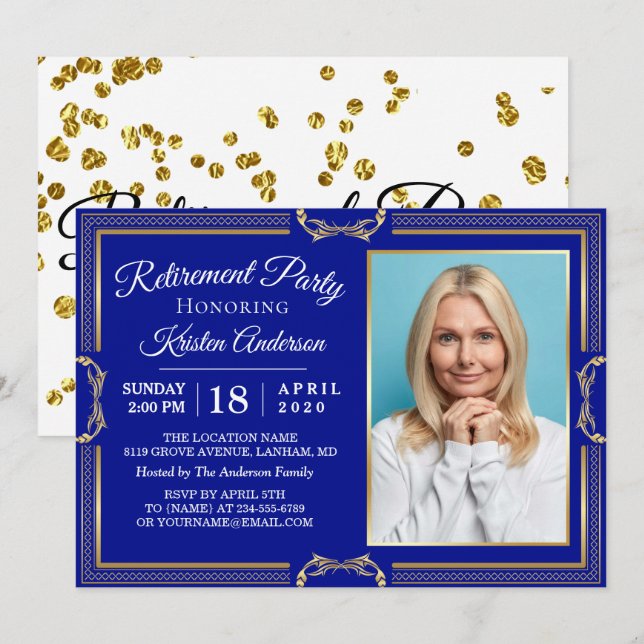 Modern Gold Navy Photo Retirement Party Invitation (Front/Back)