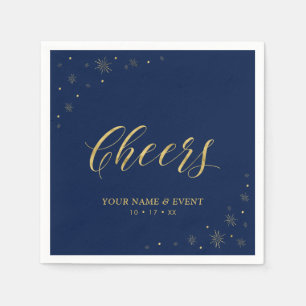 Modern Gold & Navy Sparkle Cheers Custom Party Napkins