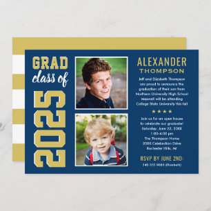 Modern Gold Navy Two Photo Graduation Party Invitation