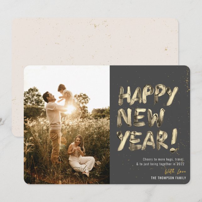 Modern Gold New Year Being Together Gray Photo Holiday Card (Front/Back)
